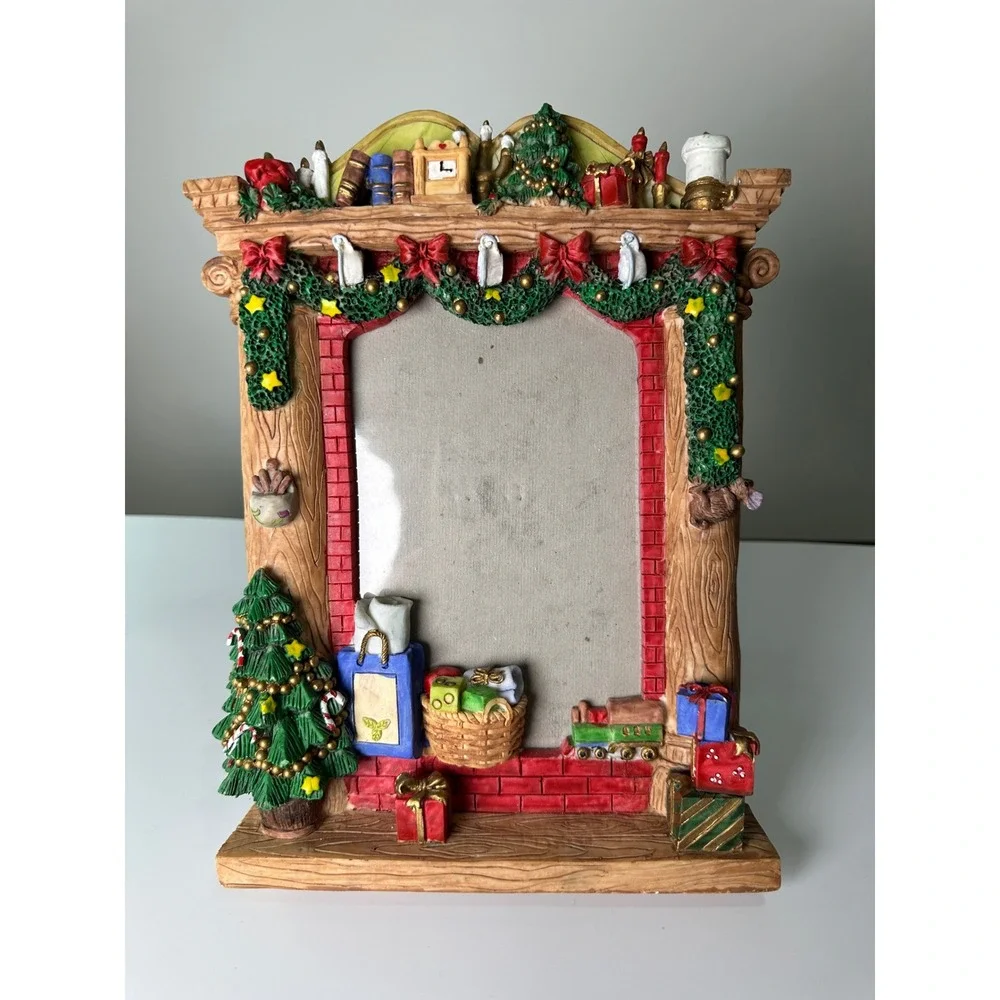 Vintage 90s 3D Christmas Fireplace Picture Frame Resin Holiday Decor Mantel